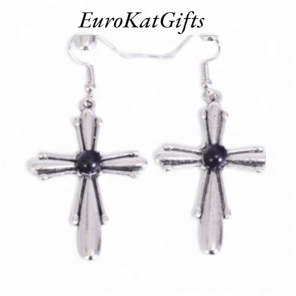 NEW Cross Earrings Silver BLACK Semiprecious Stone Cross H 1.5"X W 1” NWT